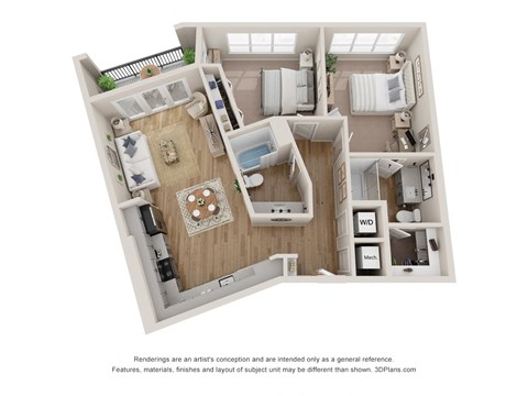 Floor plan for 2 beds, 2 baths, 1067 sqft
